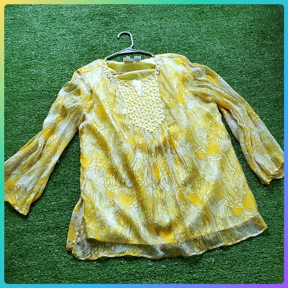 Honeysuckle Yellow Paisley Blouse White Beaded Neckline - Picture 3 of 12